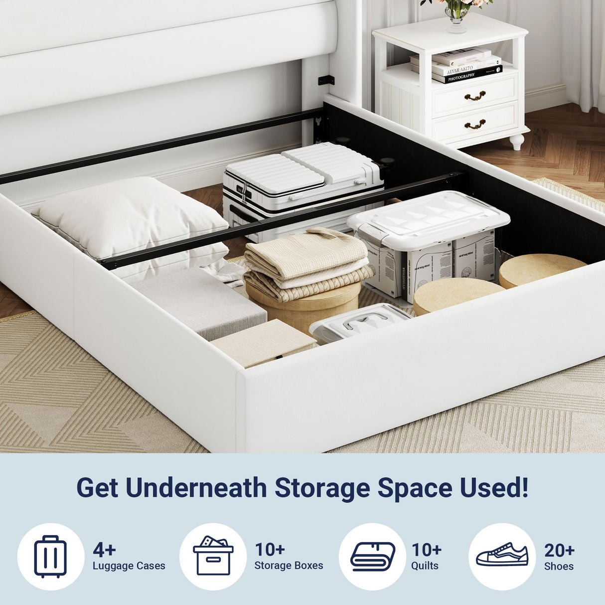 Lift Up Storage Bed, Modern Wingback Headboard, Hydraulic Support, No Box Spring Needed