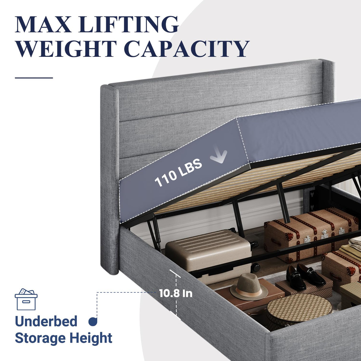 Lift Up Storage Bed, Modern Wingback Headboard, Hydraulic Support, No Box Spring Needed