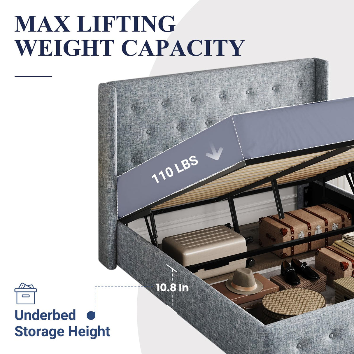 Lift Up Storage Bed, Modern Wingback Headboard, Hydraulic Support, No Box Spring Needed