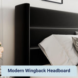 Lift Up Storage Bed, Modern Wingback Headboard, Hydraulic Support, No Box Spring Needed