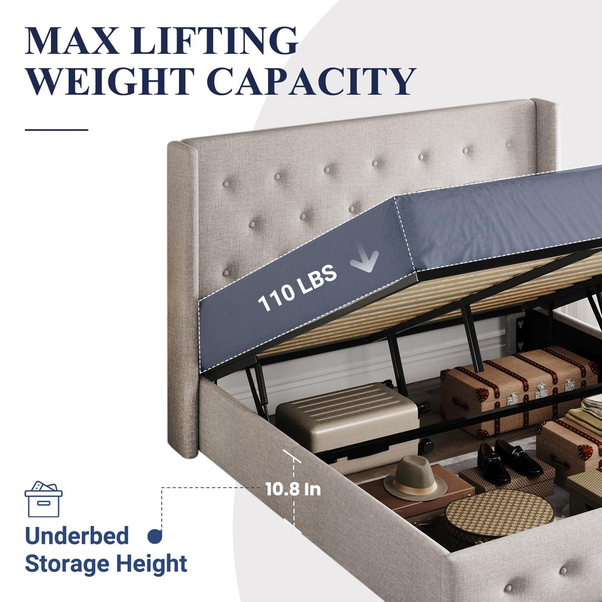 Lift Up Storage Bed, Modern Wingback Headboard, Hydraulic Support, No Box Spring Needed