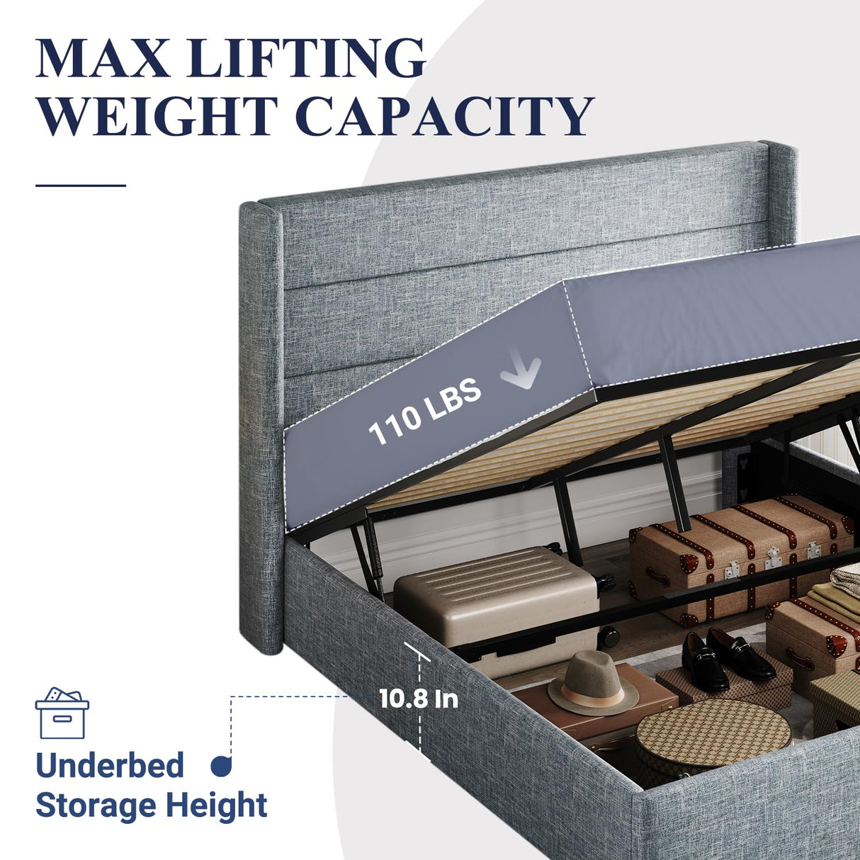 Lift Up Storage Bed, Modern Wingback Headboard, Hydraulic Support, No Box Spring Needed