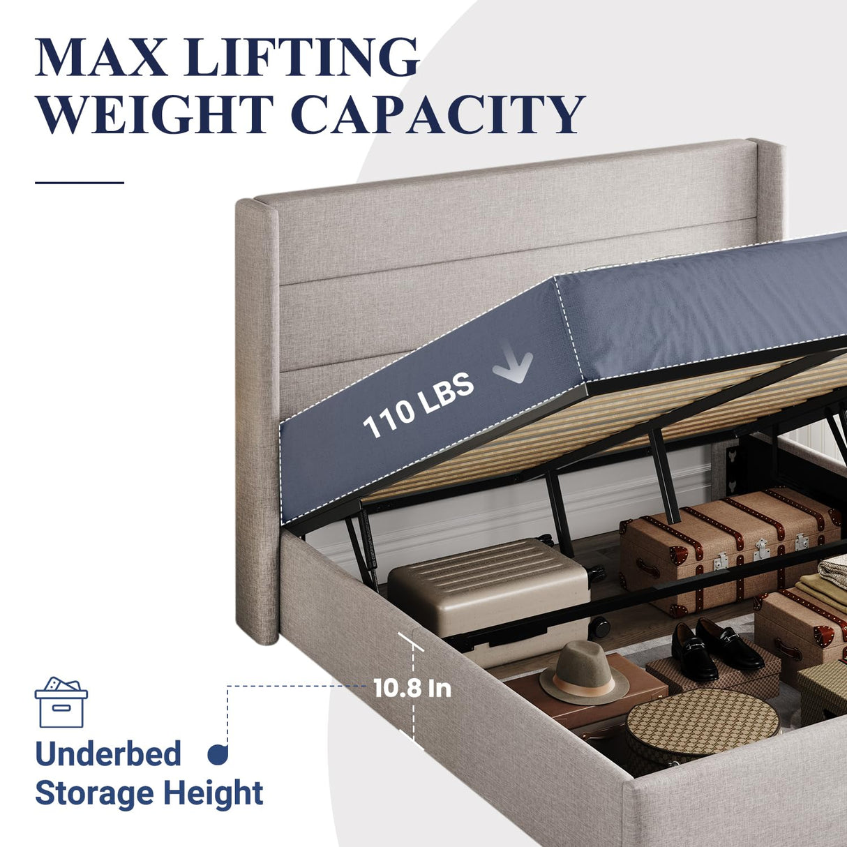 Lift Up Storage Bed, Modern Wingback Headboard, Hydraulic Support, No Box Spring Needed