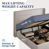 Lift Up Storage Bed, Modern Wingback Headboard, Hydraulic Support, No Box Spring Needed
