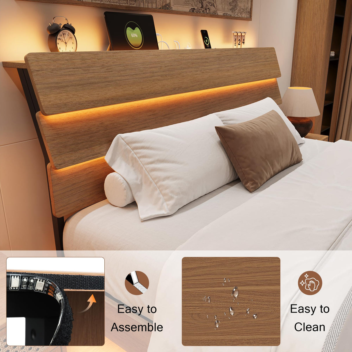 Bed Frame with Charging Station, Led Bed Frame with Wood Storage Headboard