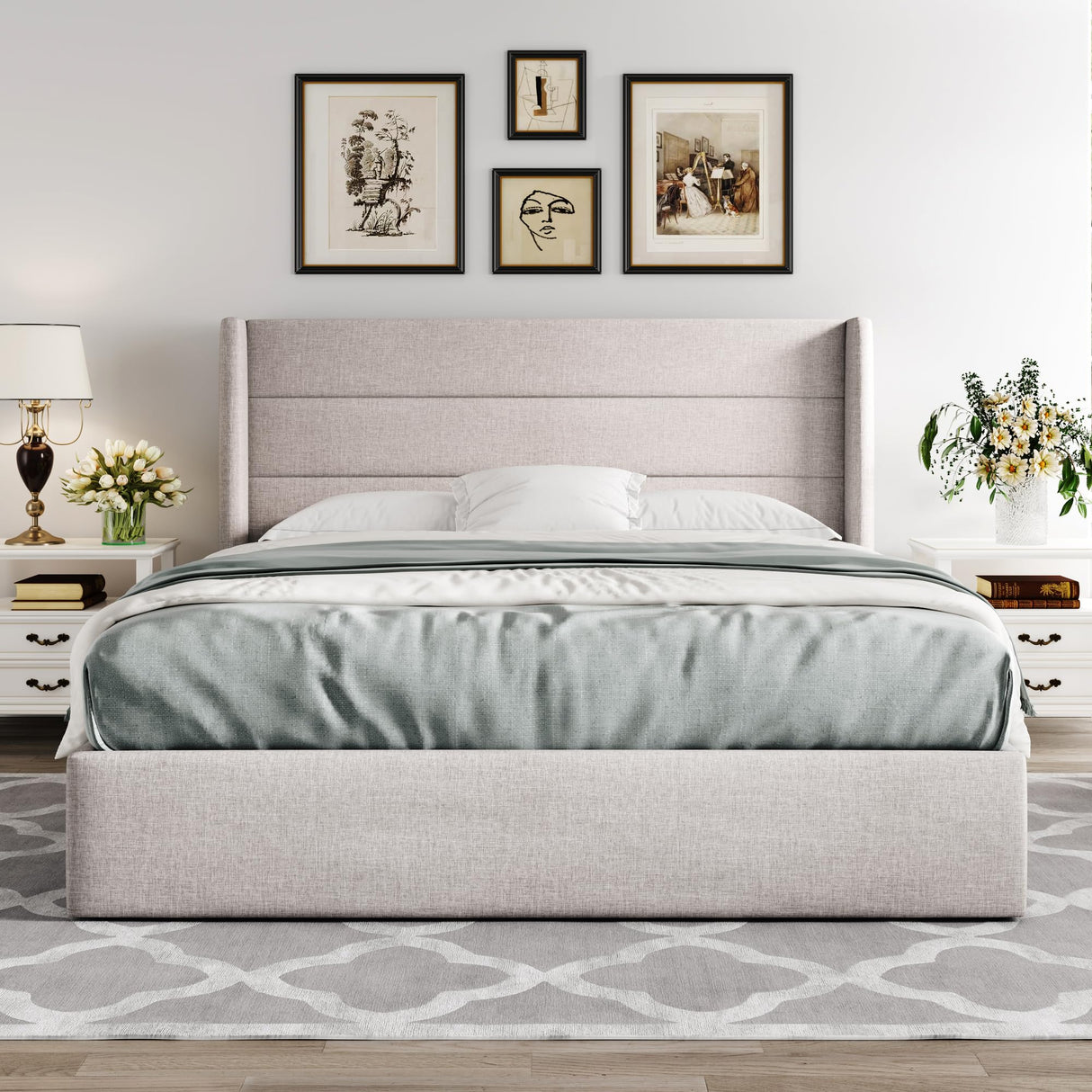 Lift Up Storage Bed, Modern Wingback Headboard, Hydraulic Support, No Box Spring Needed