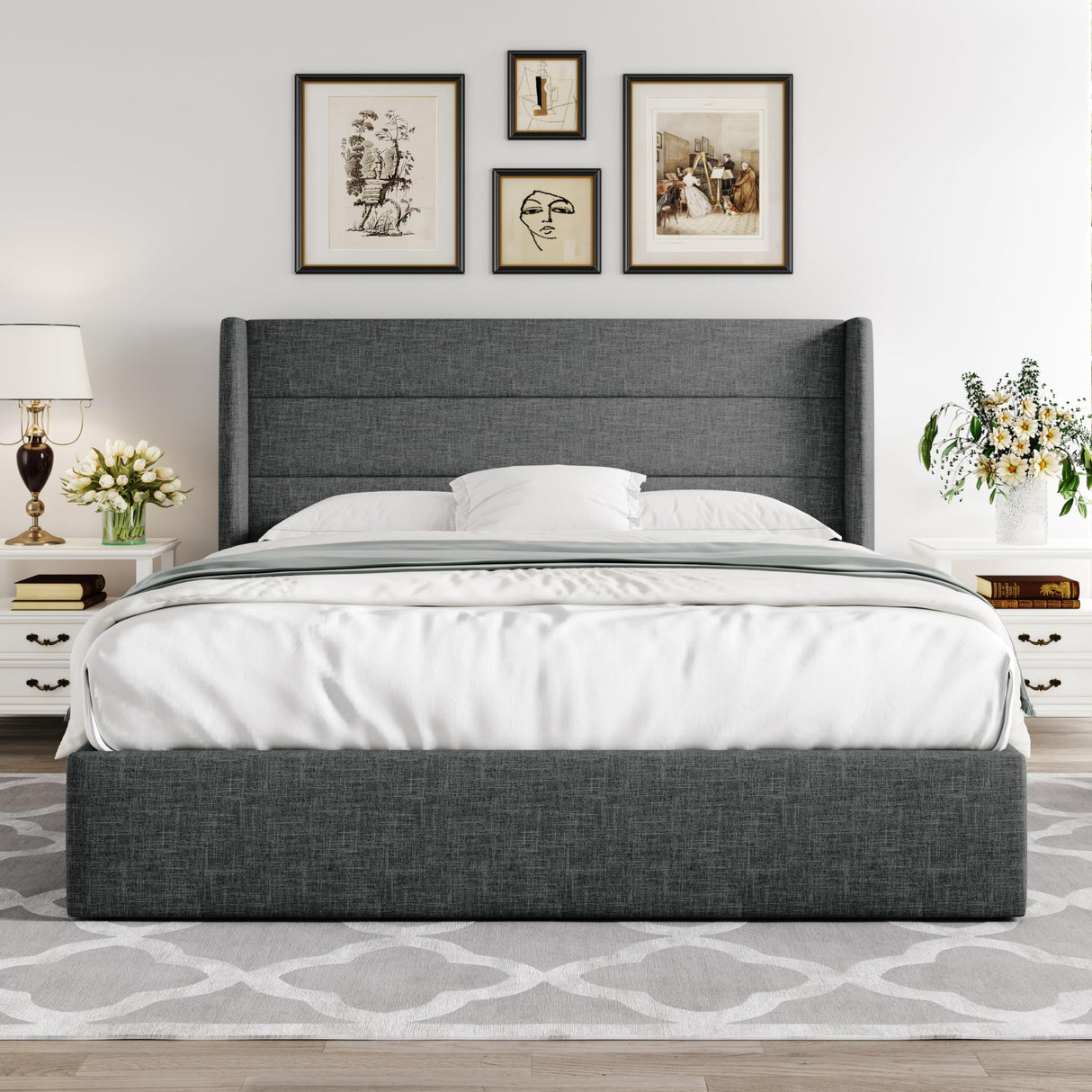 Lift Up Storage Bed, Modern Wingback Headboard, Hydraulic Support, No Box Spring Needed