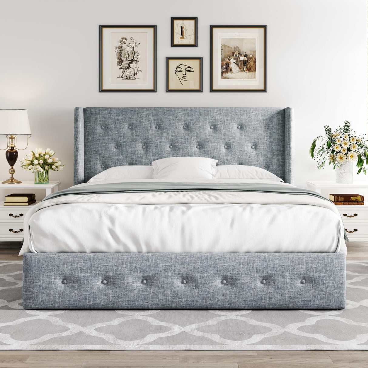 Lift Up Storage Bed, Modern Wingback Headboard, Hydraulic Support, No Box Spring Needed