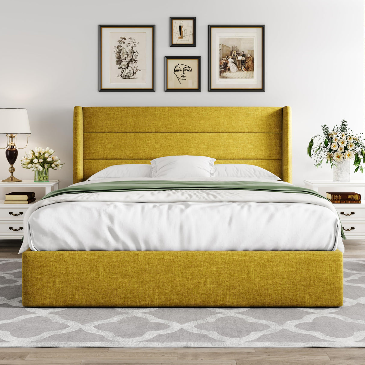 Lift Up Storage Bed, Modern Wingback Headboard, Hydraulic Support, No Box Spring Needed