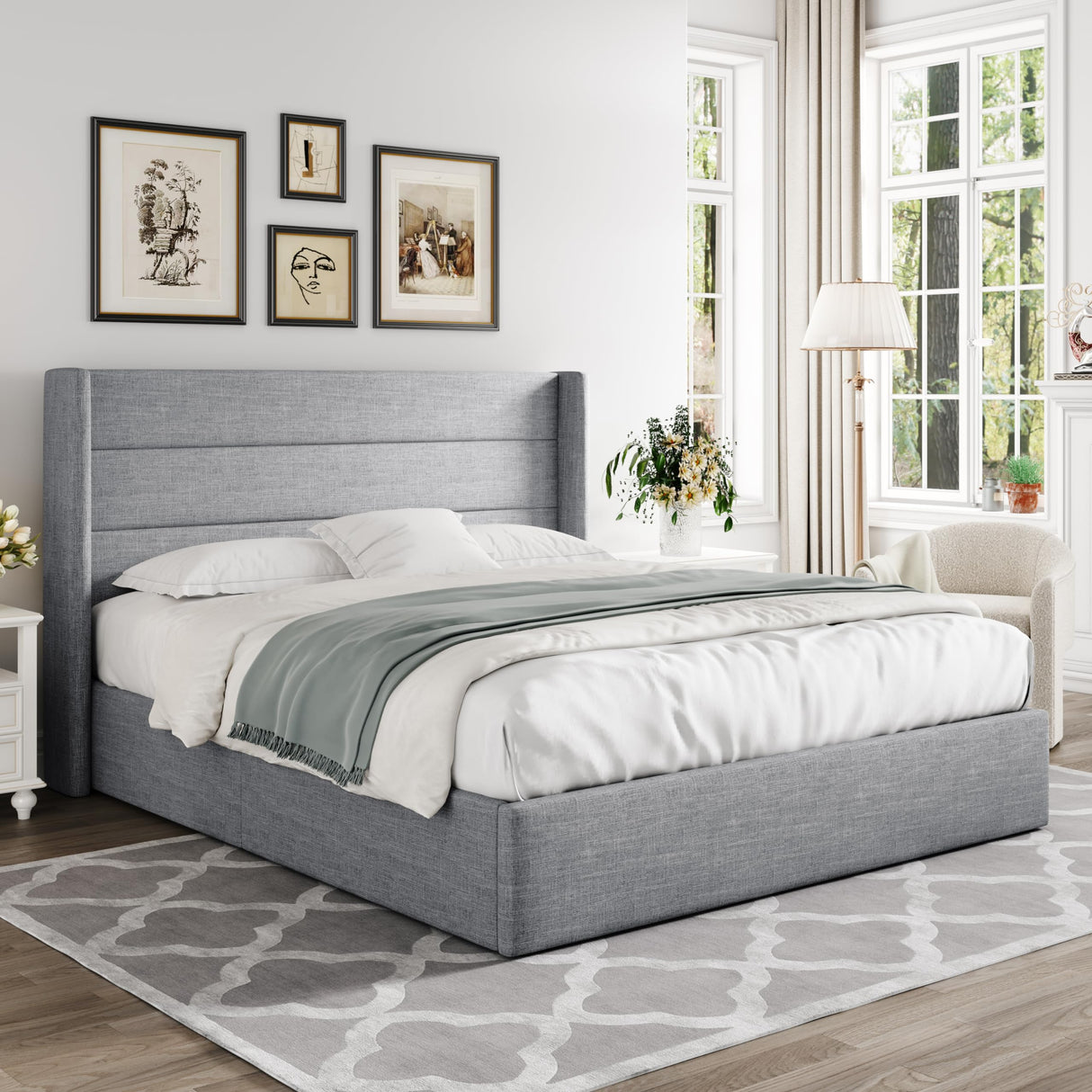 Lift Up Storage Bed, Modern Wingback Headboard, Hydraulic Support, No Box Spring Needed