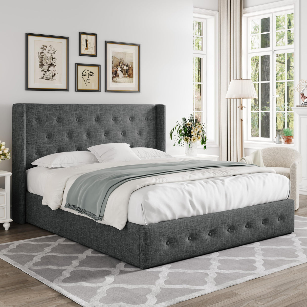 Lift Up Storage Bed, Modern Wingback Headboard, Hydraulic Support, No Box Spring Needed