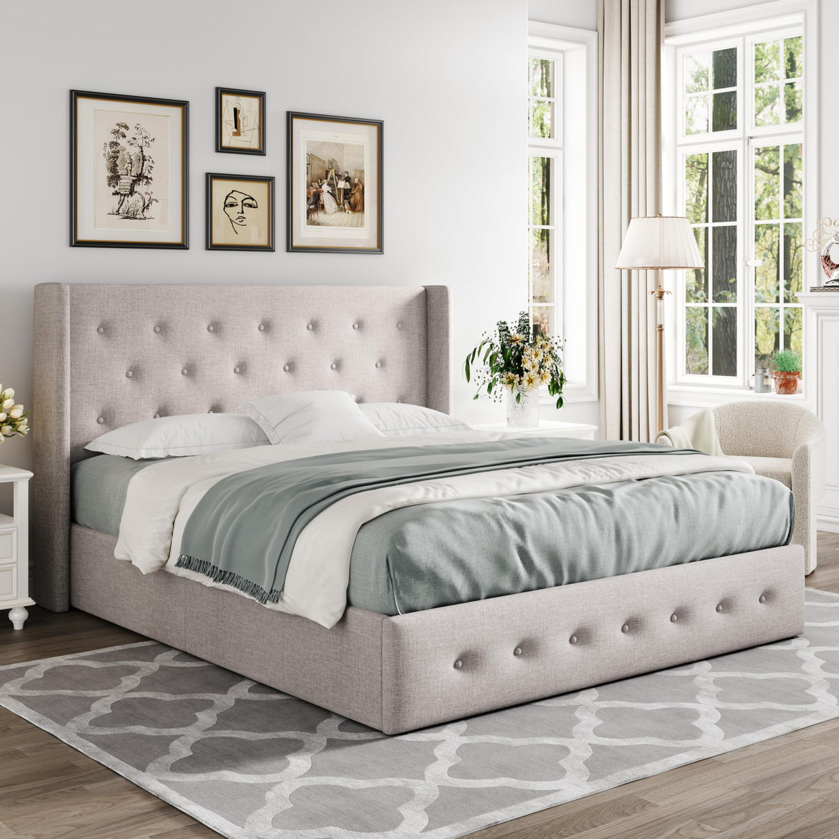 Lift Up Storage Bed, Modern Wingback Headboard, Hydraulic Support, No Box Spring Needed