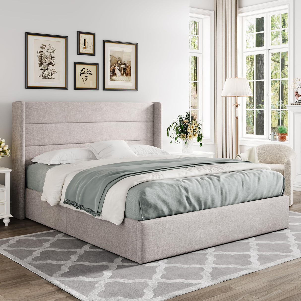 Lift Up Storage Bed, Modern Wingback Headboard, Hydraulic Support, No Box Spring Needed