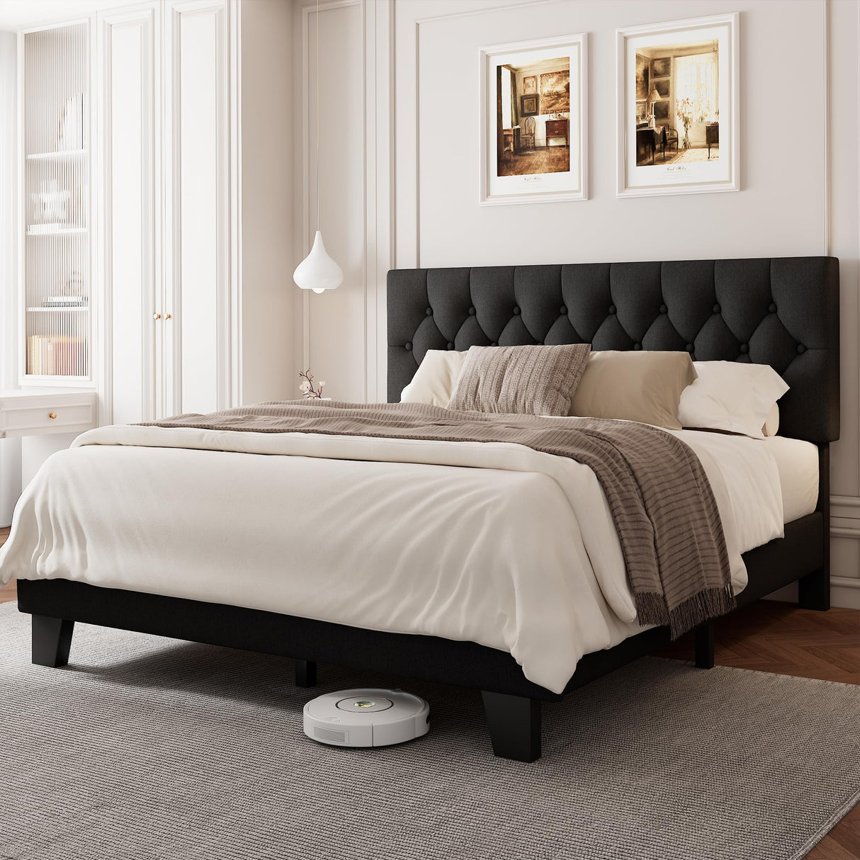 Velvet Bed Frame with Headboard, Button Tufted Upholstered Bed Base