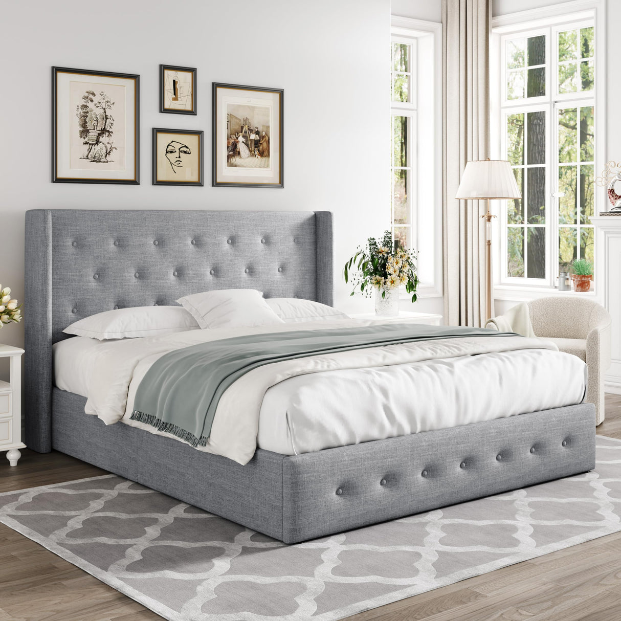 Lift Up Storage Bed, Modern Wingback Headboard, Hydraulic Support, No Box Spring Needed