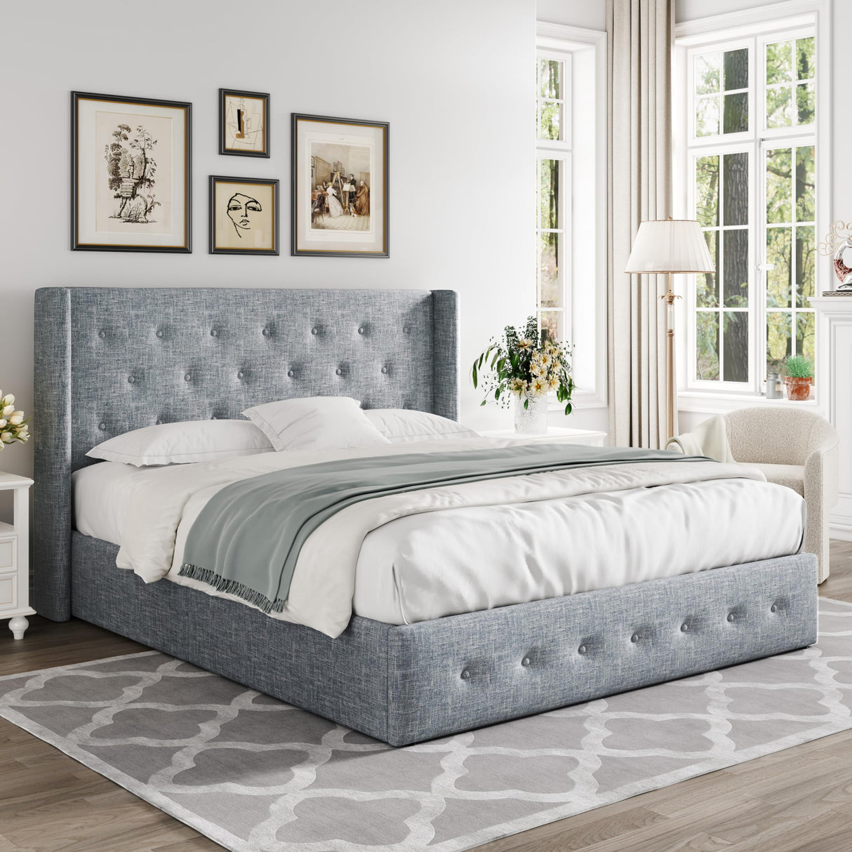 Lift Up Storage Bed, Modern Wingback Headboard, Hydraulic Support, No Box Spring Needed