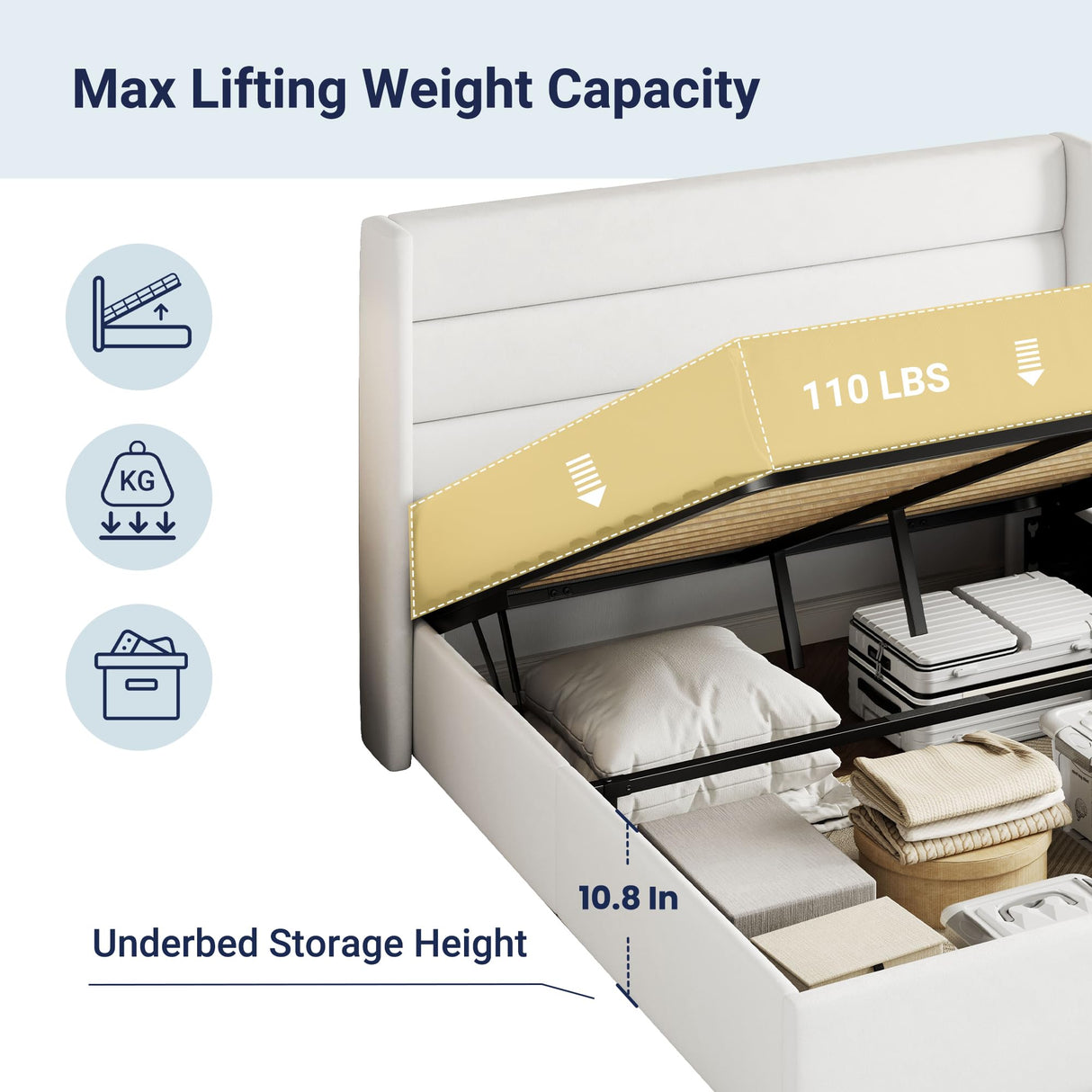 Lift Up Storage Bed, Modern Wingback Headboard, Hydraulic Support, No Box Spring Needed