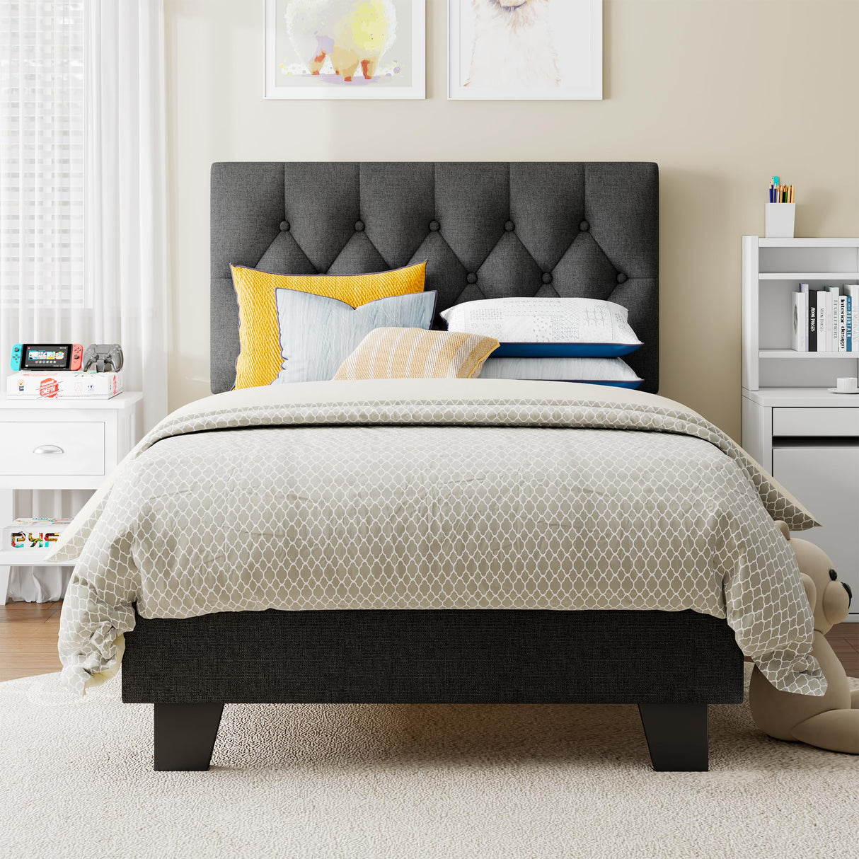 Velvet Bed Frame with Headboard, Button Tufted Upholstered Bed Base