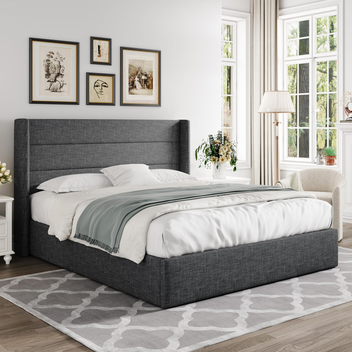 Lift Up Storage Bed, Modern Wingback Headboard, Hydraulic Support, No Box Spring Needed
