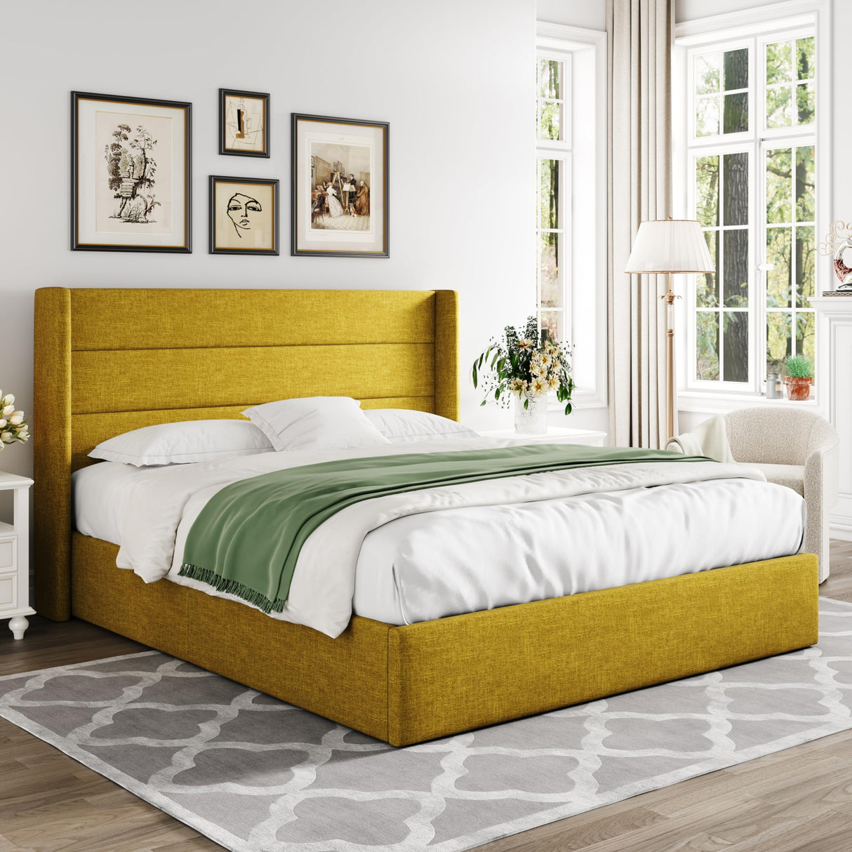 Lift Up Storage Bed, Modern Wingback Headboard, Hydraulic Support, No Box Spring Needed