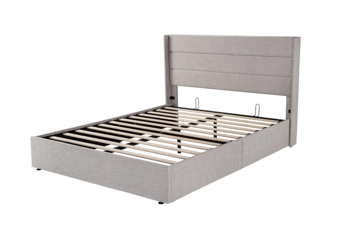 Lift Up Storage Bed, Modern Wingback Headboard, Hydraulic Support, No Box Spring Needed