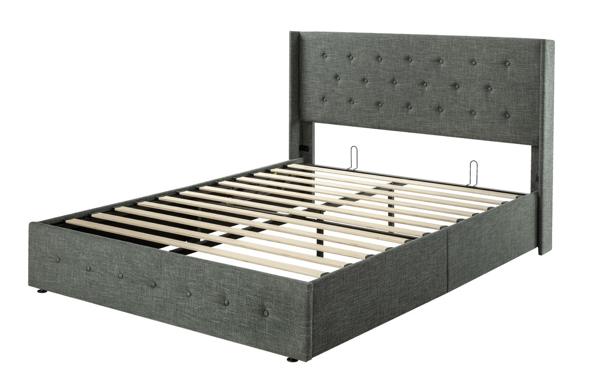 Lift Up Storage Bed, Modern Wingback Headboard, Hydraulic Support, No Box Spring Needed