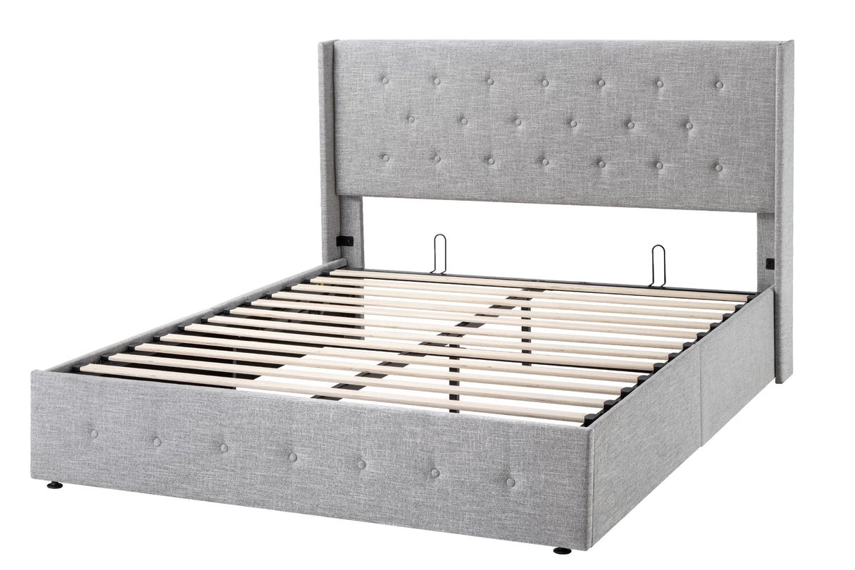 Lift Up Storage Bed, Modern Wingback Headboard, Hydraulic Support, No Box Spring Needed