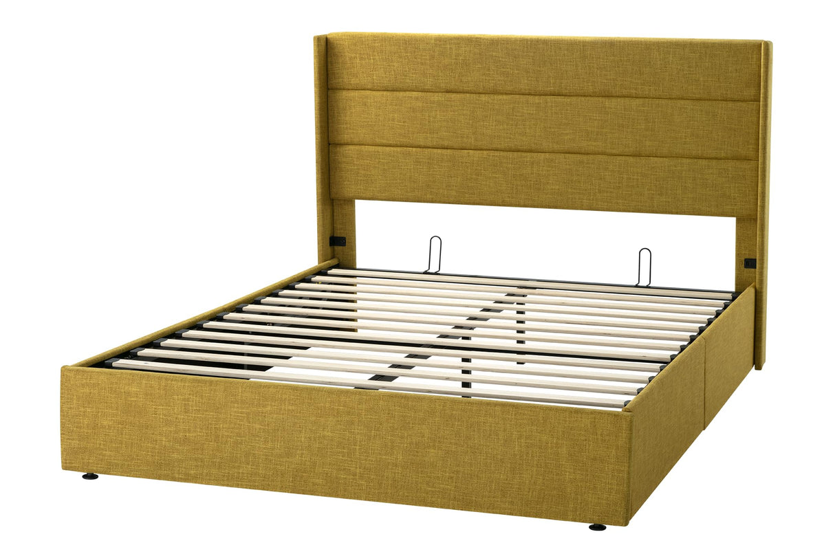 Lift Up Storage Bed, Modern Wingback Headboard, Hydraulic Support, No Box Spring Needed