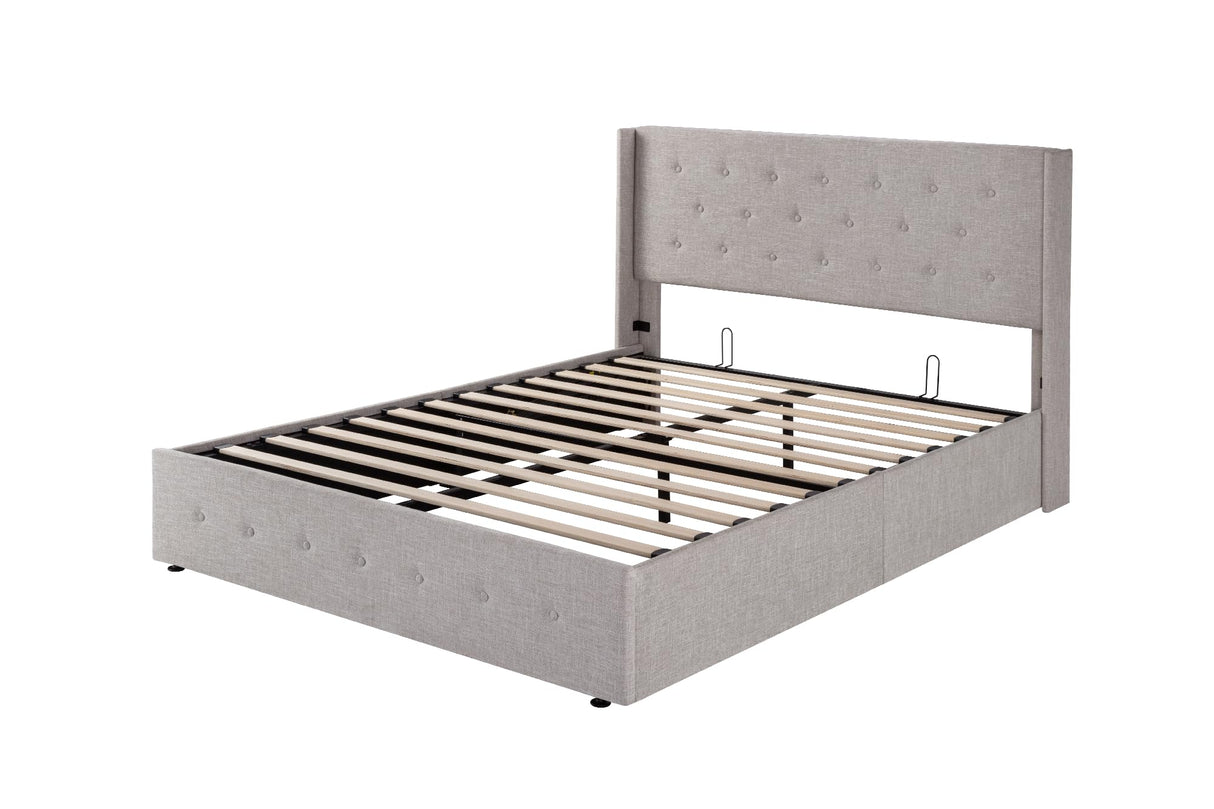 Lift Up Storage Bed, Modern Wingback Headboard, Hydraulic Support, No Box Spring Needed