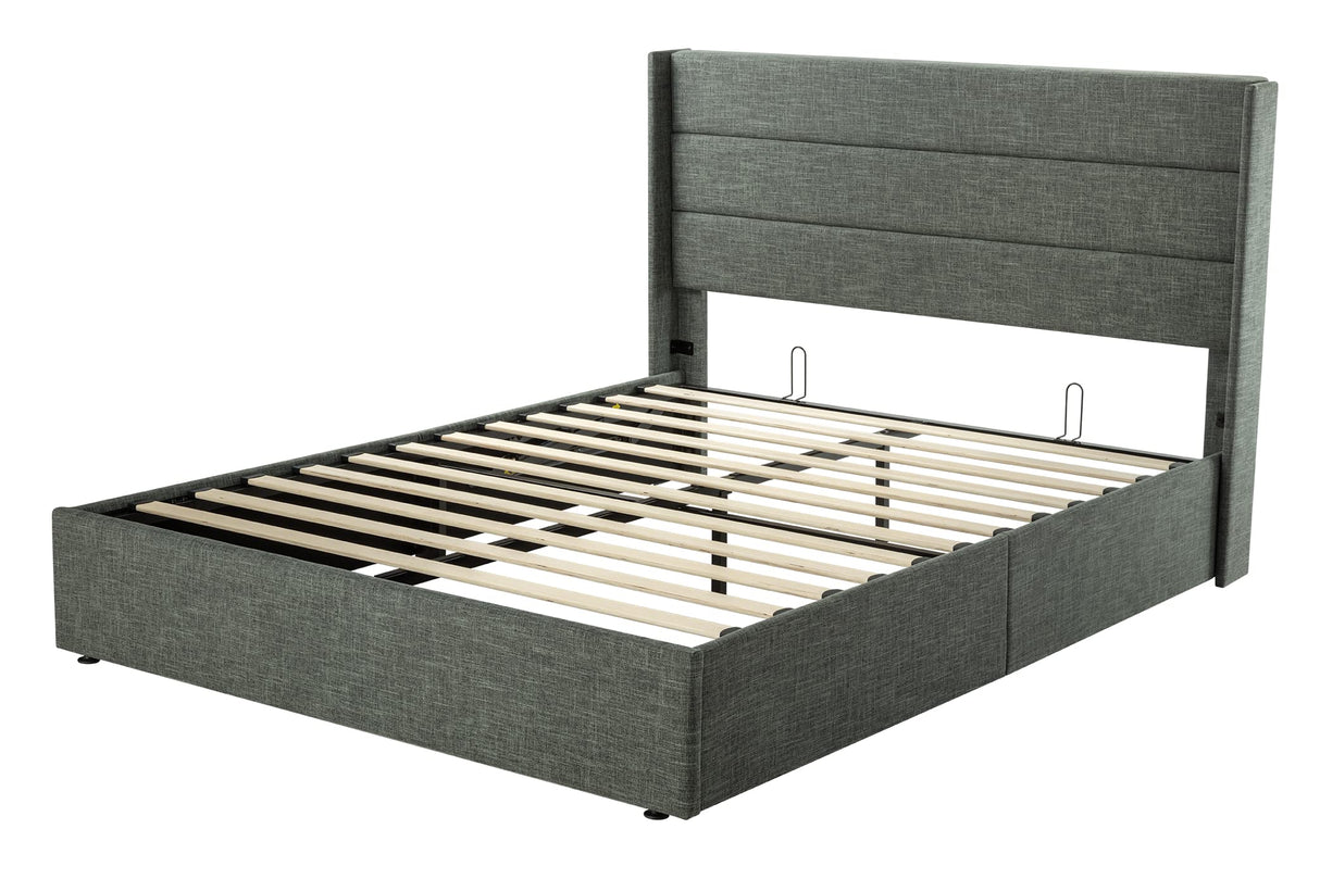 Lift Up Storage Bed, Modern Wingback Headboard, Hydraulic Support, No Box Spring Needed